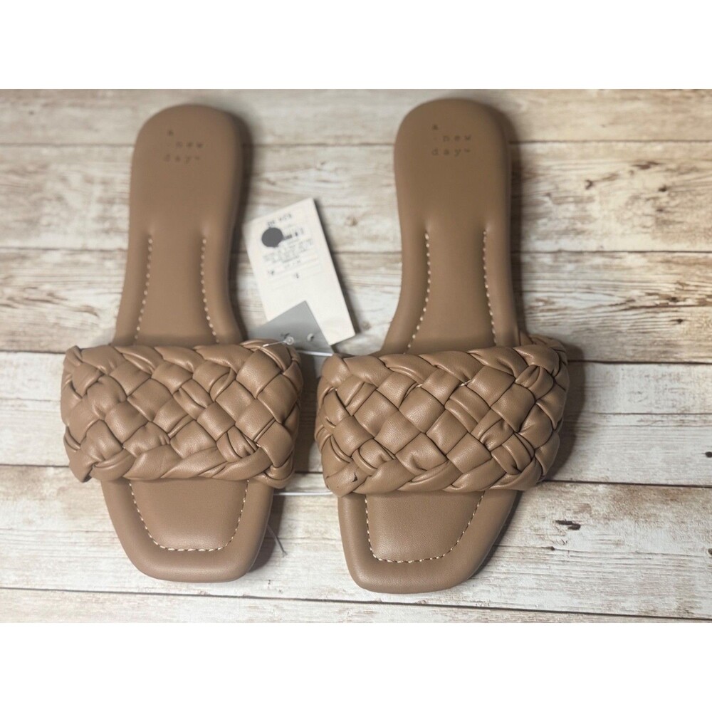 A New Day Sandals Womens Size 8.5 Tan Carissa Woven Strap Open-Toe Slide Flats